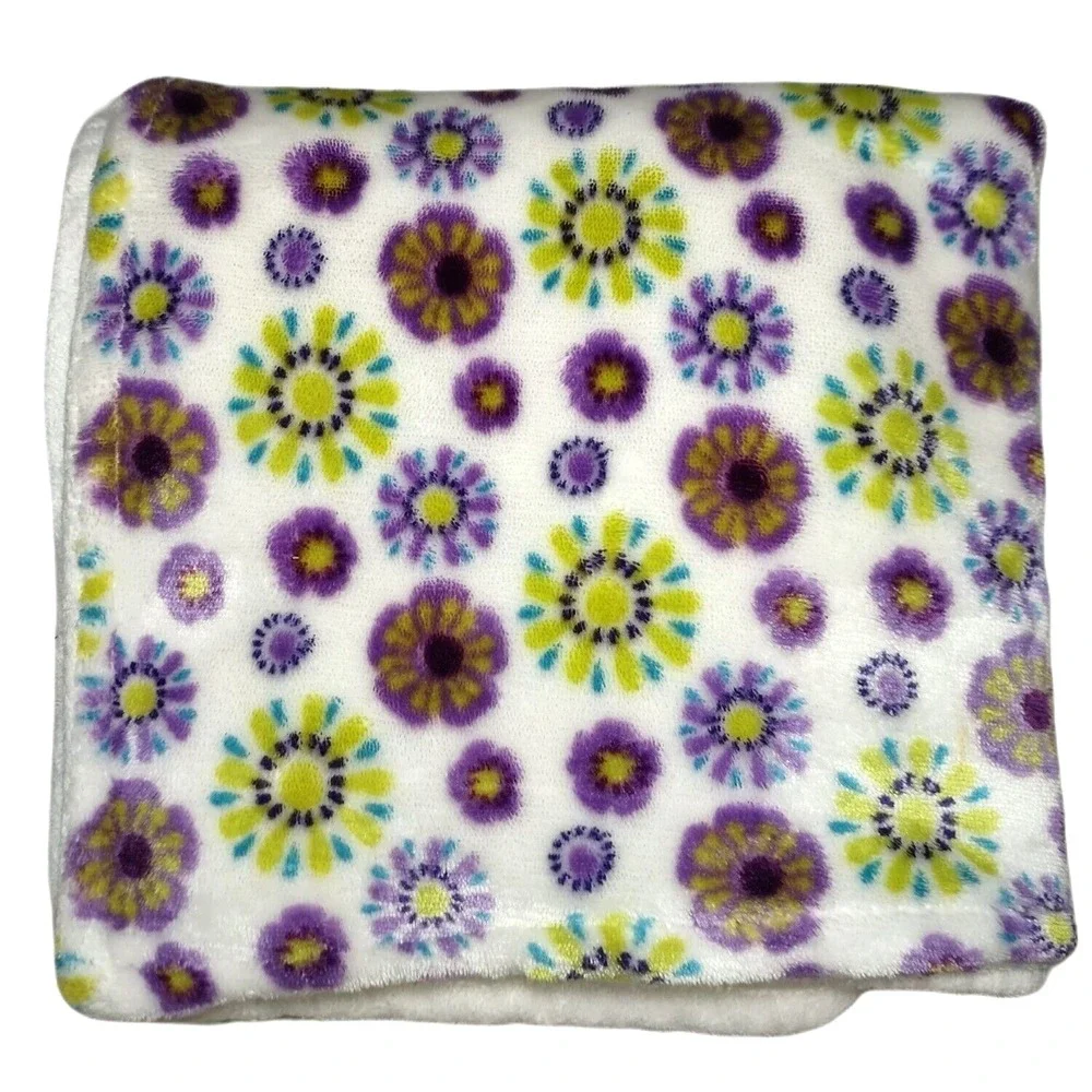 Purple Green Flower Blanket Baby Girl White Plush Soft htf 30x38 Mink‎ Lovey